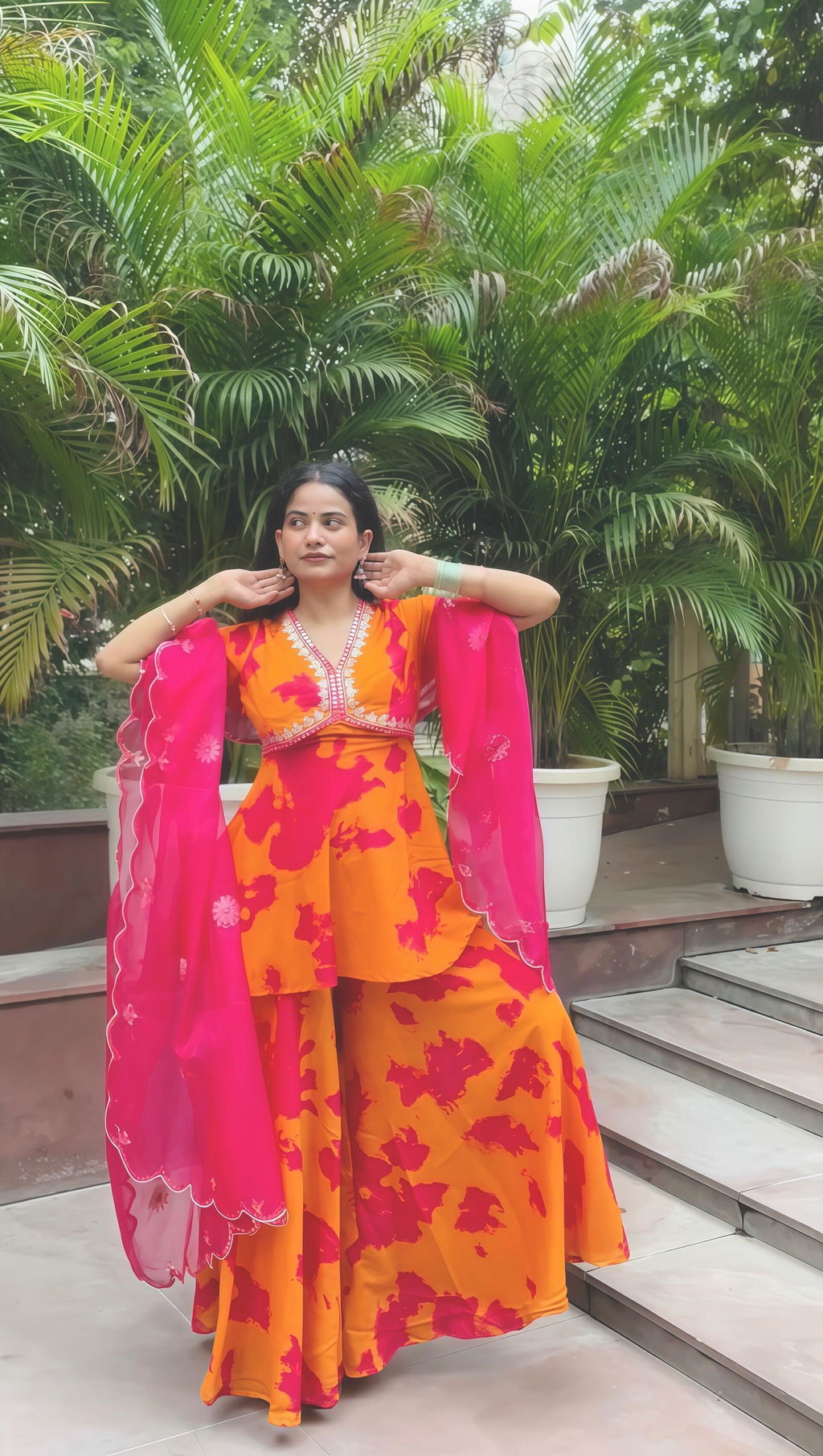 Ritu Orange Pink Tie Dye Muslin Sharara Set