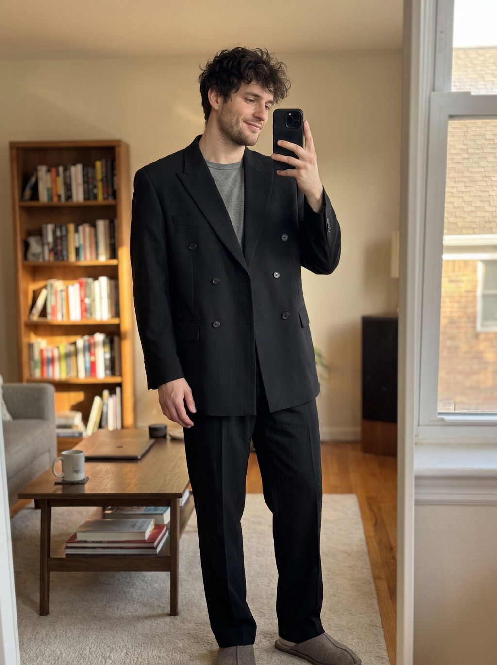 Black 2 Piece High Quality Double Breasted Peaked Lapel Loose Casual Men's Suit
