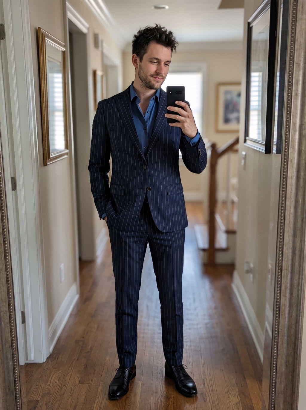 2 Piece Navy Blue Striped Double Button Slim Fit Men's Suit
