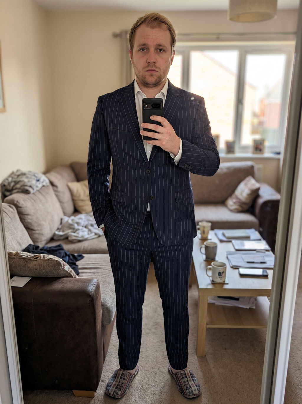 2 Piece Navy Blue Striped Double Button Slim Fit Men's Suit