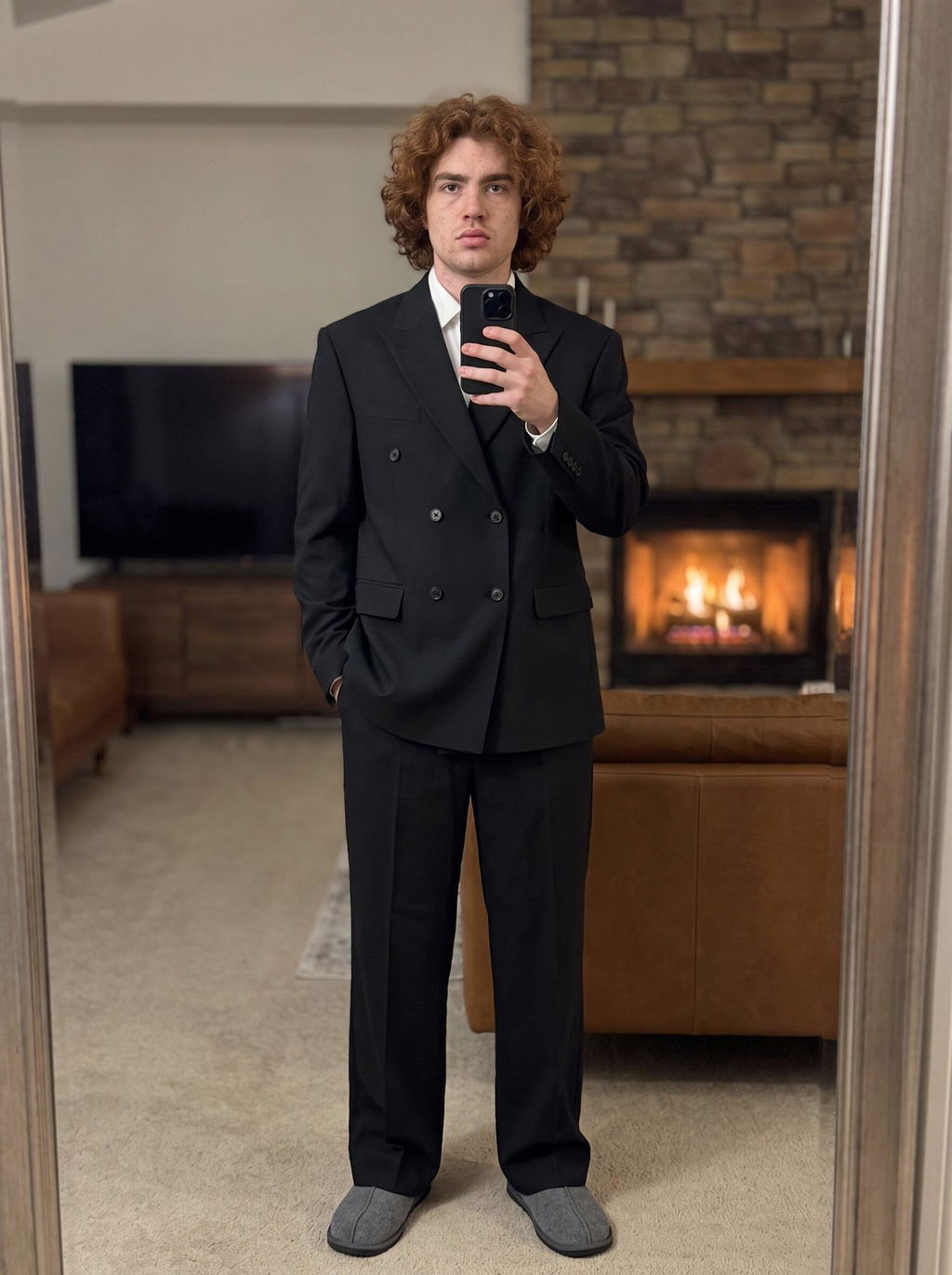 Black 2 Piece High Quality Double Breasted Peaked Lapel Loose Casual Men's Suit