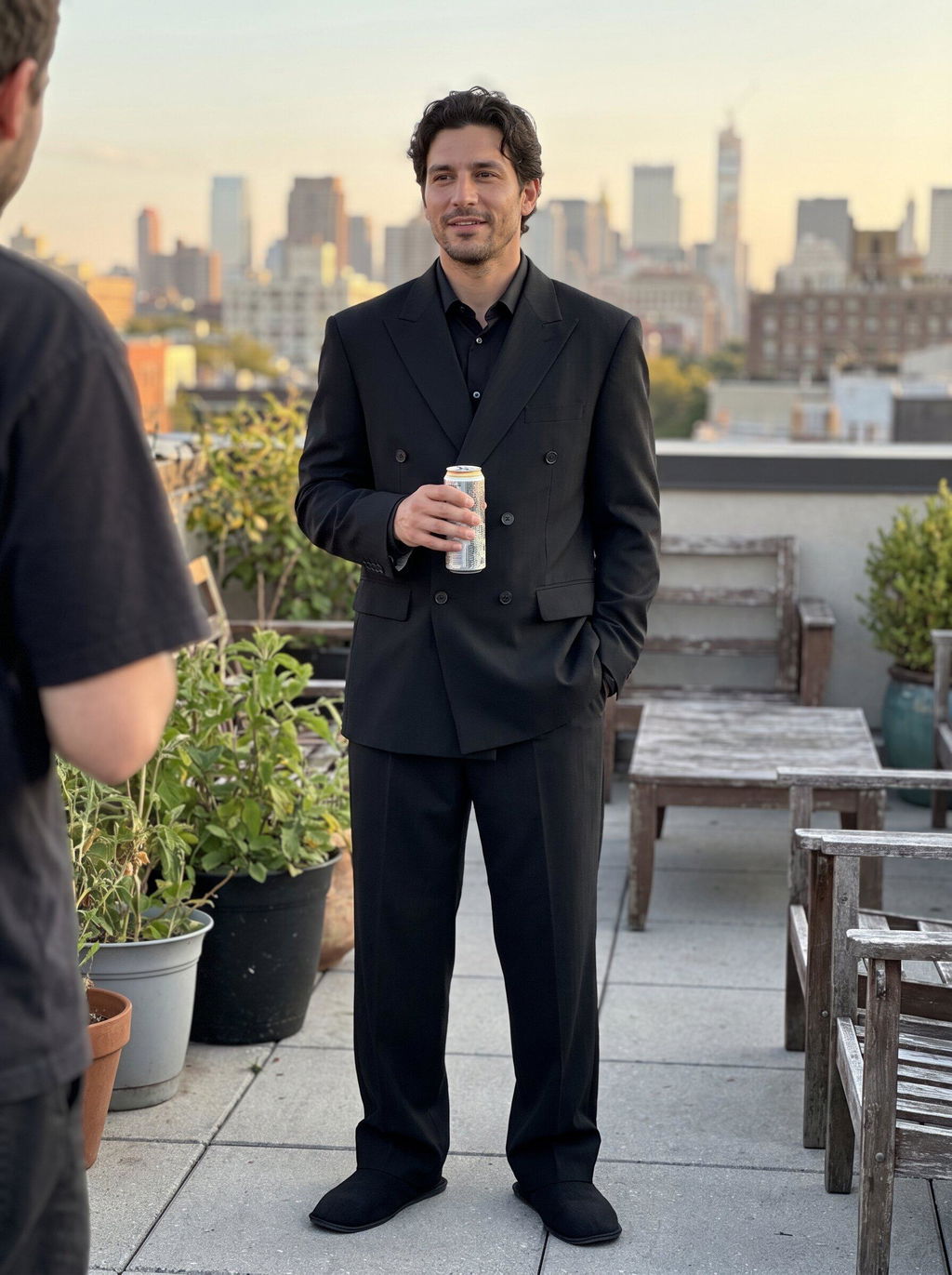 Black 2 Piece High Quality Double Breasted Peaked Lapel Loose Casual Men's Suit