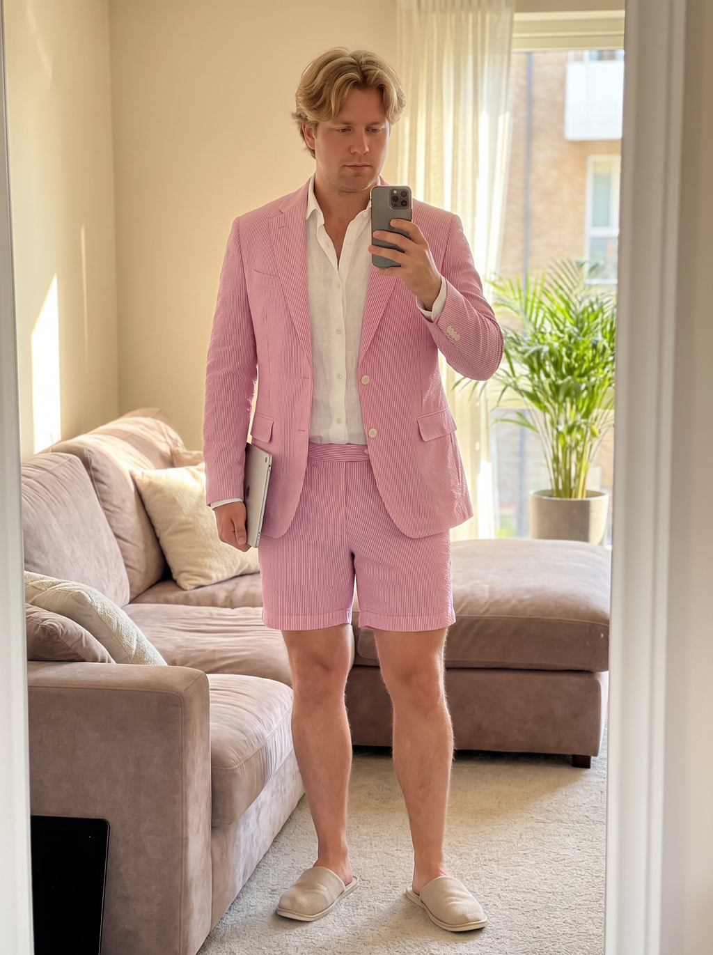 Aesido Light Blue Seersucker 2-Piece Men’s Summer Suit (Blazer + Shorts)
