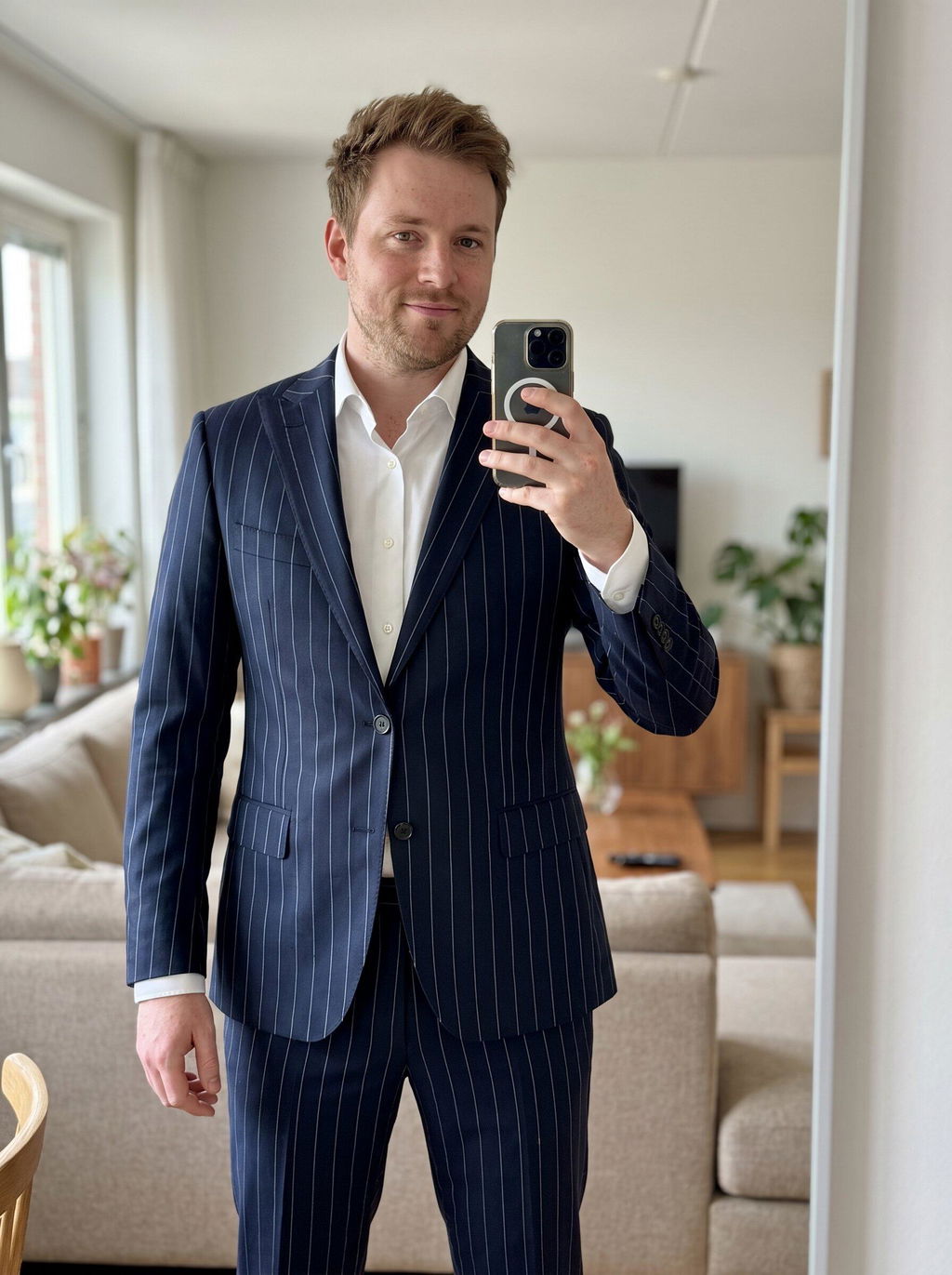 2 Piece Navy Blue Striped Double Button Slim Fit Men's Suit