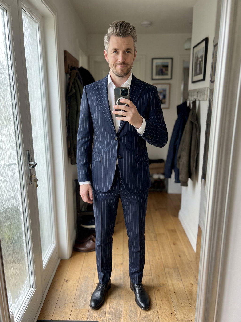 2 Piece Navy Blue Striped Double Button Slim Fit Men's Suit