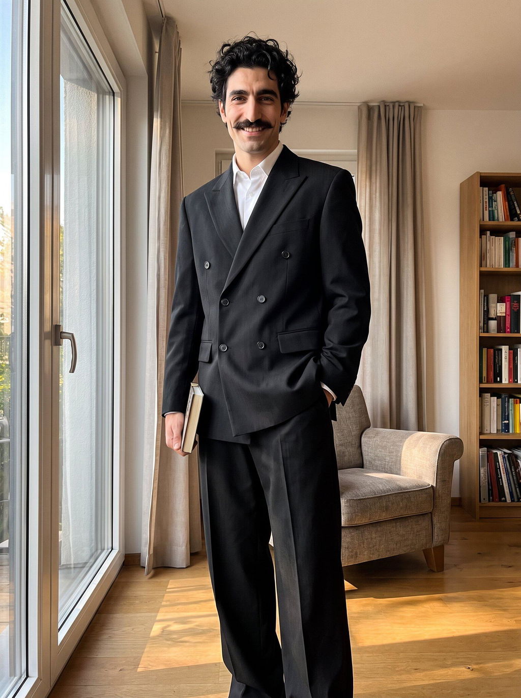 Black 2 Piece High Quality Double Breasted Peaked Lapel Loose Casual Men's Suit