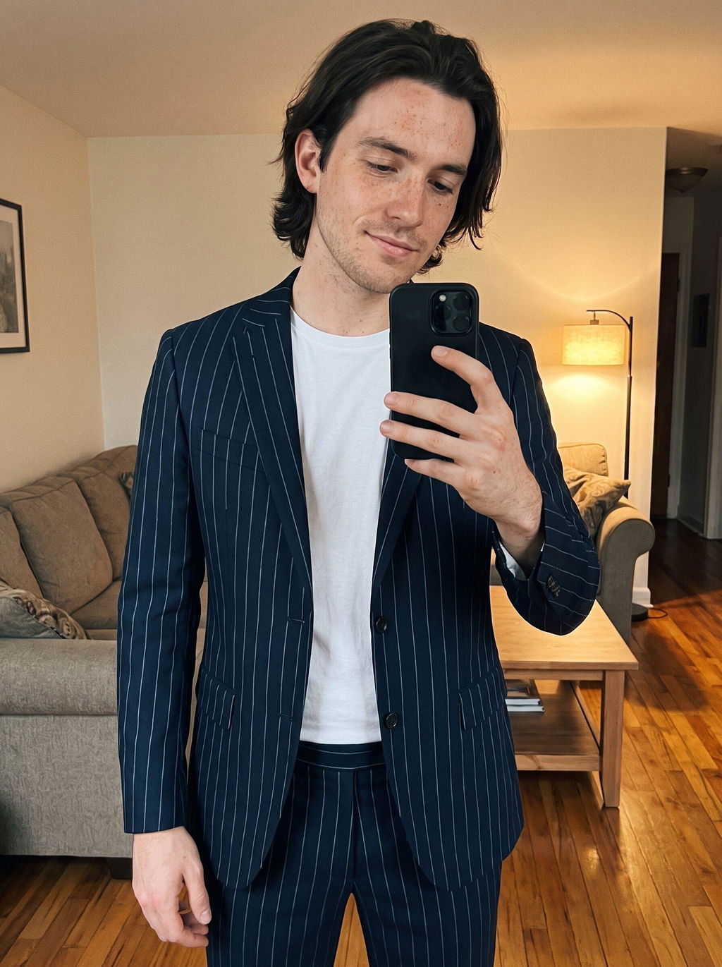 2 Piece Navy Blue Striped Double Button Slim Fit Men's Suit