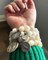 White Moonstone Faceted 12mm Beaded Bracelet w/ Rare Antique French Sacre Coeur Silver Miraculous Medal of Mary