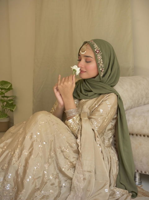 HINA | FESTIVE PARTY WEAR LUXURY HANDWORK OLIVE HIJAB