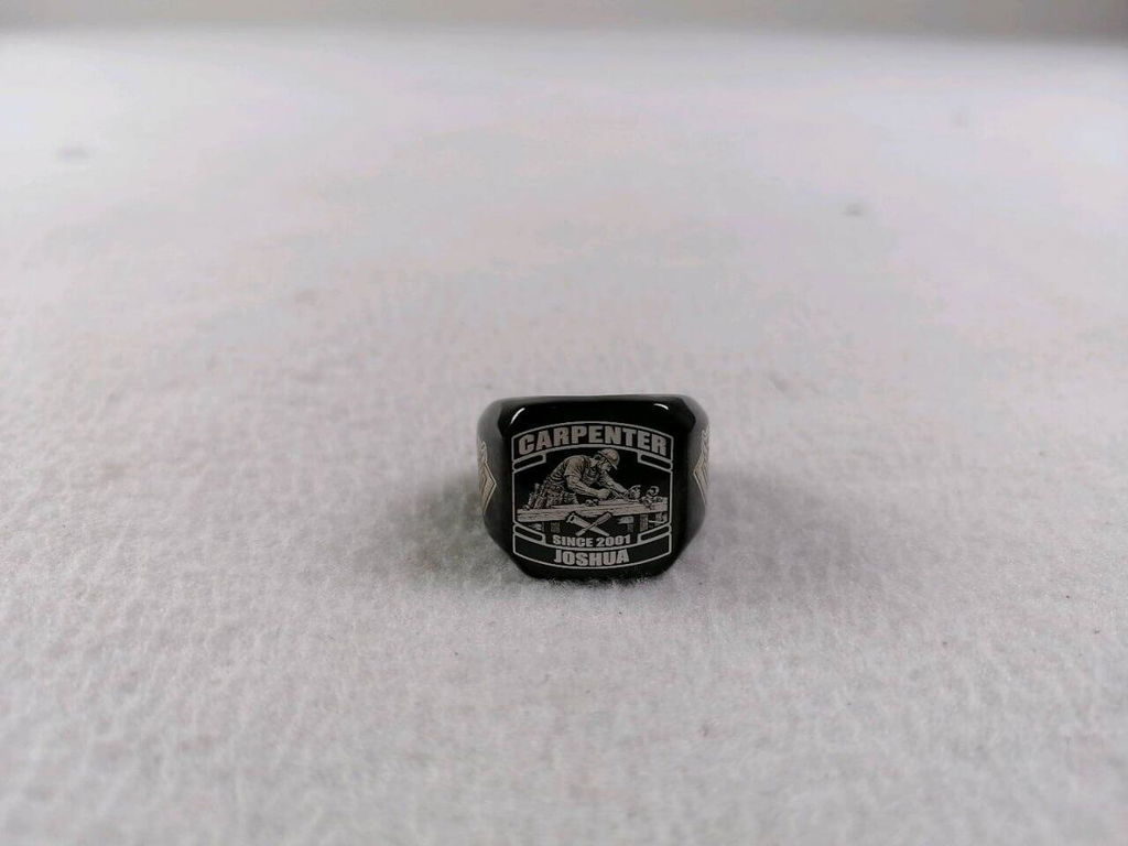 Personalized Carpenter Engraved Men's Ring with Name and Year - Black Face Badge