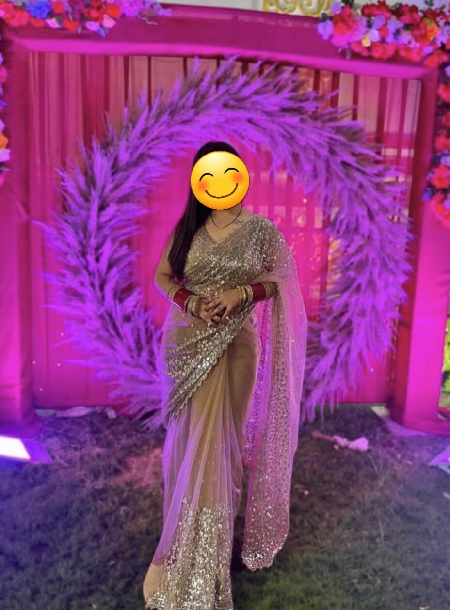 Sequence Work Cream Color Saree For Farewell Party