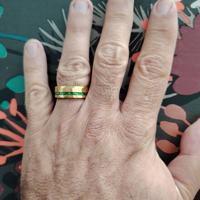 Gold Hammered Tungsten Wedding Ring with Crushed Green Emerald, 8mm Tungsten Carbide Promise Ring for Men