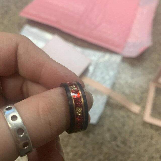 Tungsten Couples Ring Set with Ruby and Gold Foil Inlay 8mm and 4mm Rose Gold and Black Wedding Bands