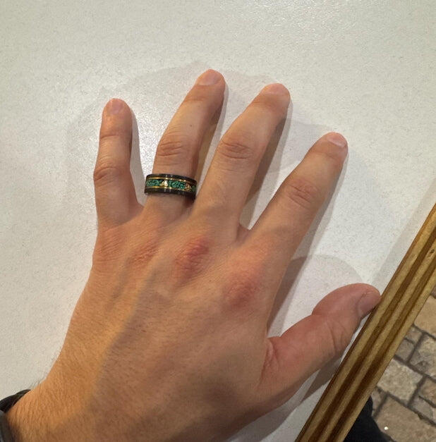 8mm Black Tungsten Ring with Emerald Green Opal and Gold Leaf Inlay – Men's Wedding or Statement Band