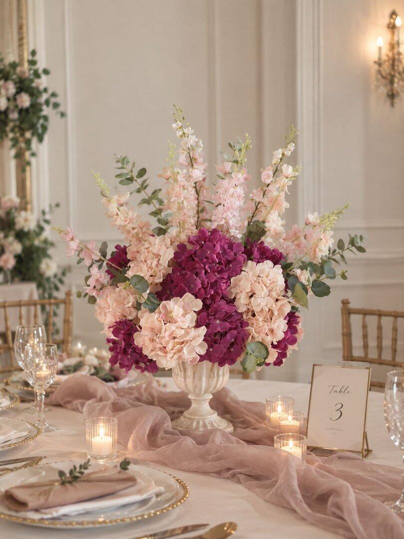 Purple Pink Delphinium Hydrangea Aisle Flower Table Centerpecies Ball Wedding Decor Props
