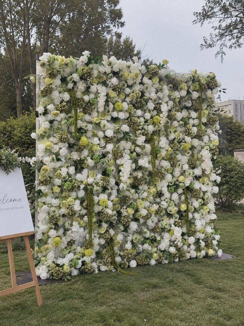 White Rose Sage Green Hydrangea Hanging Vine Cloth Curtain Wedding Backdrop Floral Wall