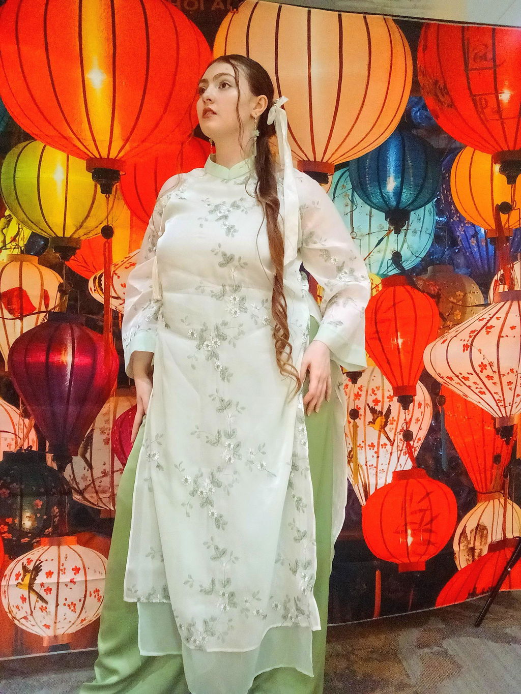 Shifted Cyan Embroidery Chiffon with Tassel Ao Dai Set 49A,B-50-51A