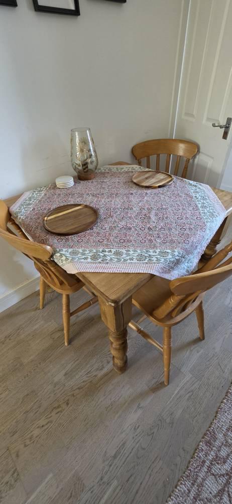 Hand Block Printed Cotton Tablecloth | Sand & Rose | Square 110 x 110cm