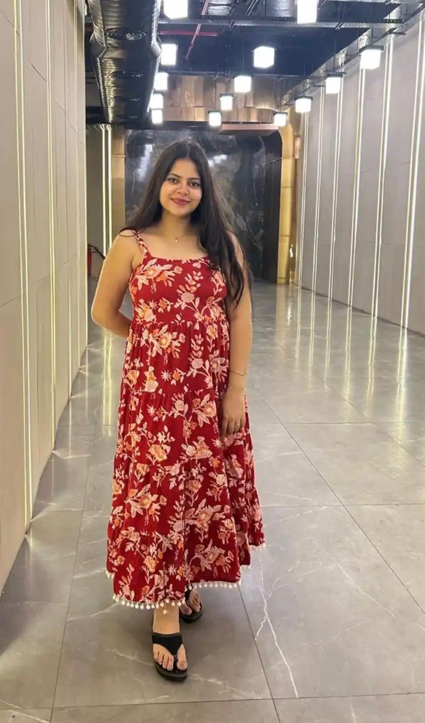 Red Floral Printed Shoulder Strap Long dress