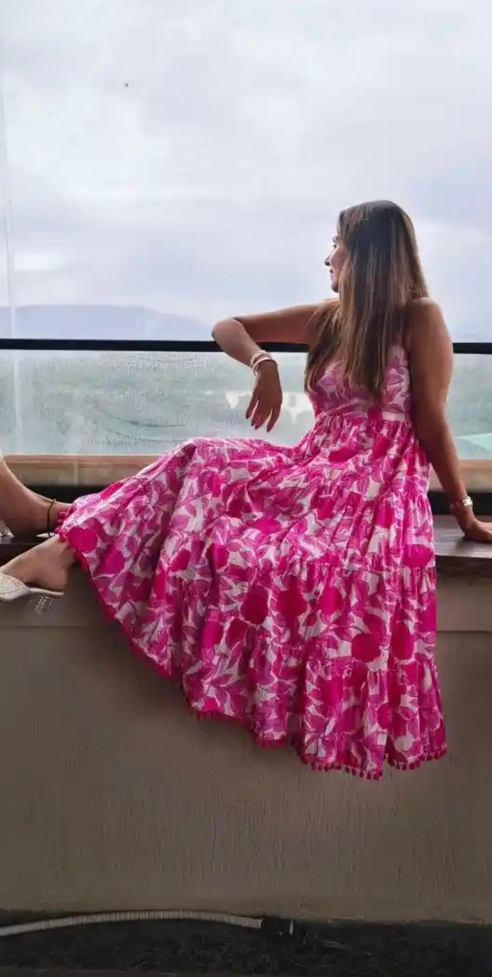 white & Pink Floral Shoulder Strip Long Dress