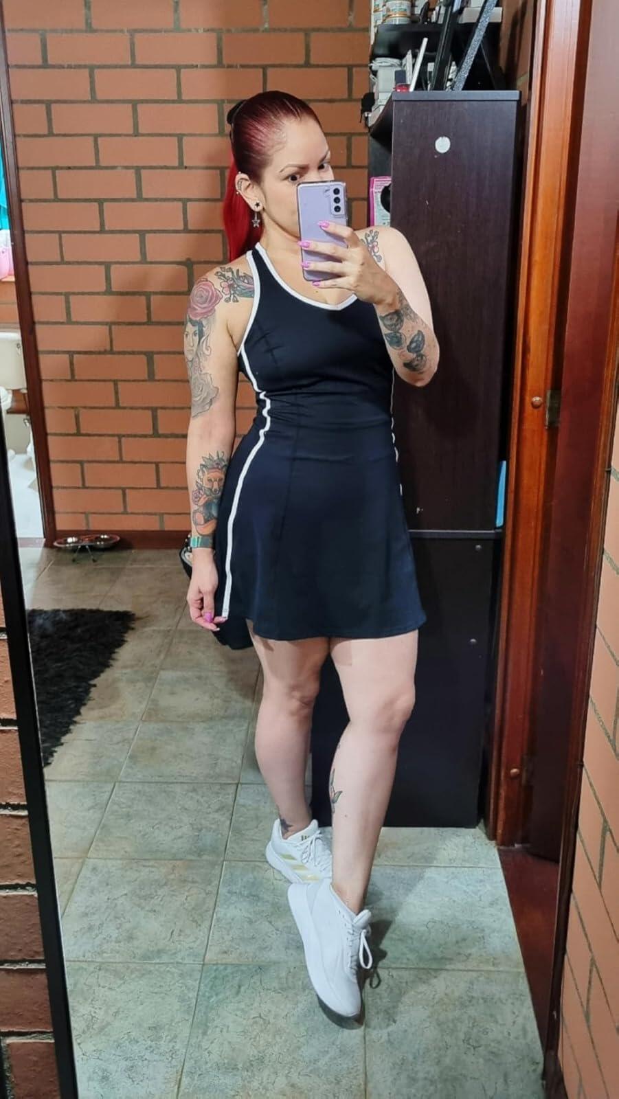 Black Women's Tennis Dress with Shorts Pockets and Bra V Neck Racerback Golf Outfits