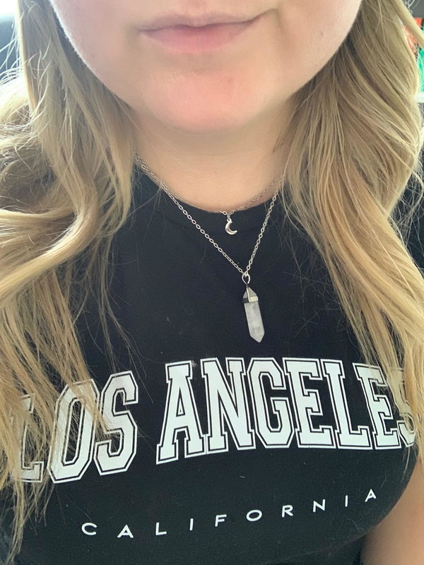 Customer photo: white aura crystal necklace worn by Lauren