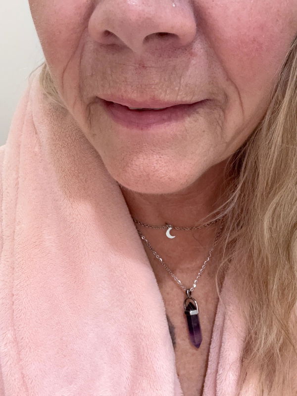 Customer photo: purple aura crystal necklace worn by Rosie