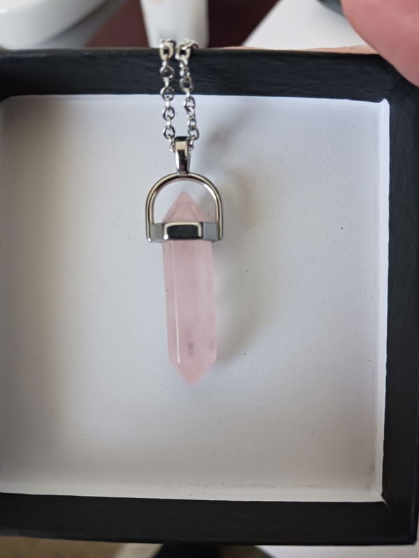 Customer photo: pink aura crystal necklace in its gift box