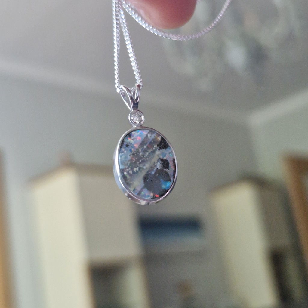 Australian Boulder Opal and Diamond Silver Pendant with Silver Chain (13mm x 10.5mm)  Code - Y278