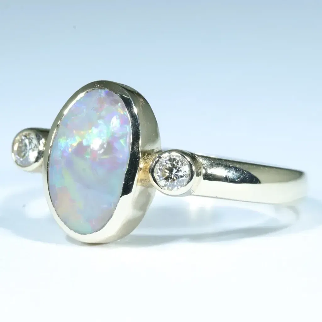 Lightning Ridge Solid Opal and Diamond Gold Ring - Size 7.25 US Code - V006