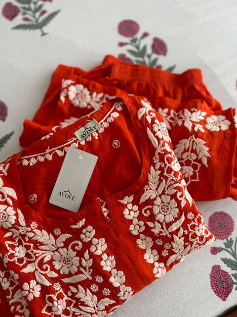 Hand embroidered 3D Chikankari Kurta set | Premium Modal| Orange