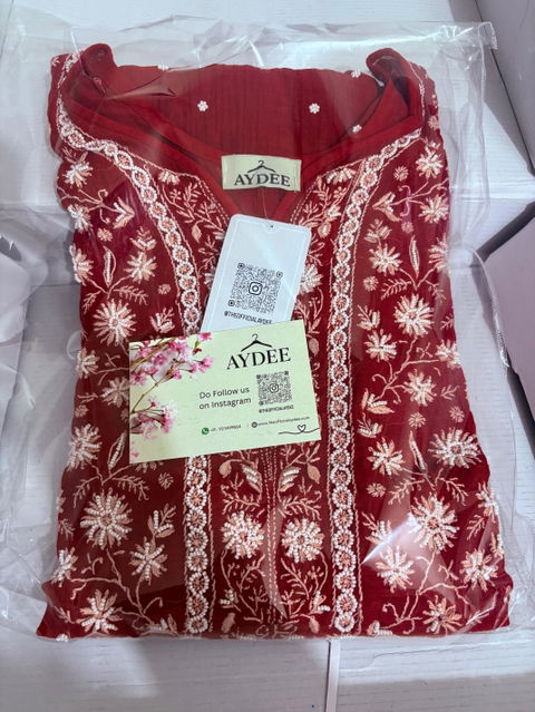 Premium Hand Embroidered Chikankari Kurta & Duppta | Mul Chanderi | Red