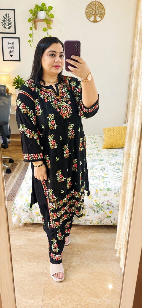 Hand Embroidered Chikankari Kurta set | Modal  | Black with Pink