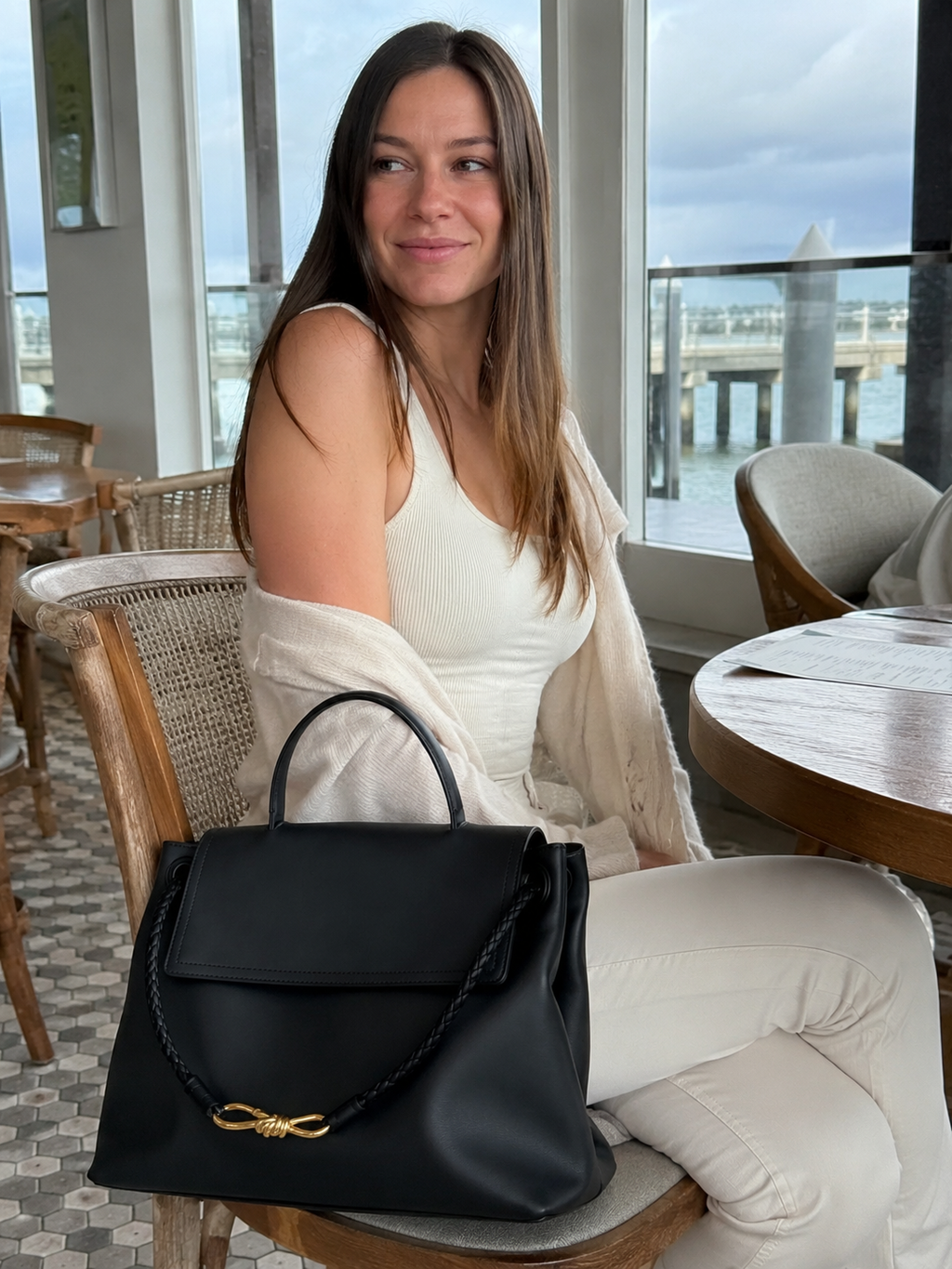 Smooth Leather Tote Bag – Drawstring Bow Detail