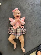 Pink Long-Sleeve Plaid Layered Romper with Headband