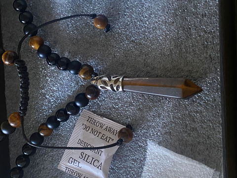 Long men's pendant necklace, Black Onyx & Tigers Eye, Handmade crystal jewelry