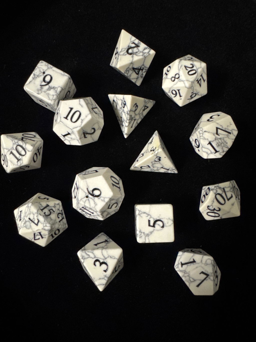 White Turquoise (Howlite) Gemstone Dice Set with Black Veining & Numbers