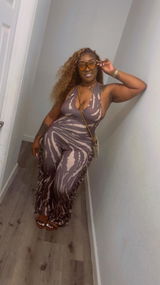 Printed Fringe Halter Jumpsuit