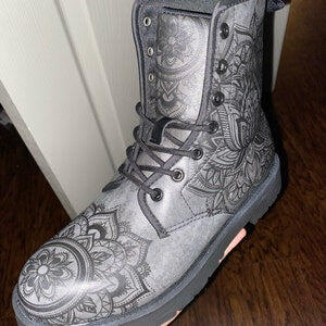 Customer photo of Dark Grey Lotus Mandala Handcrafted Boots