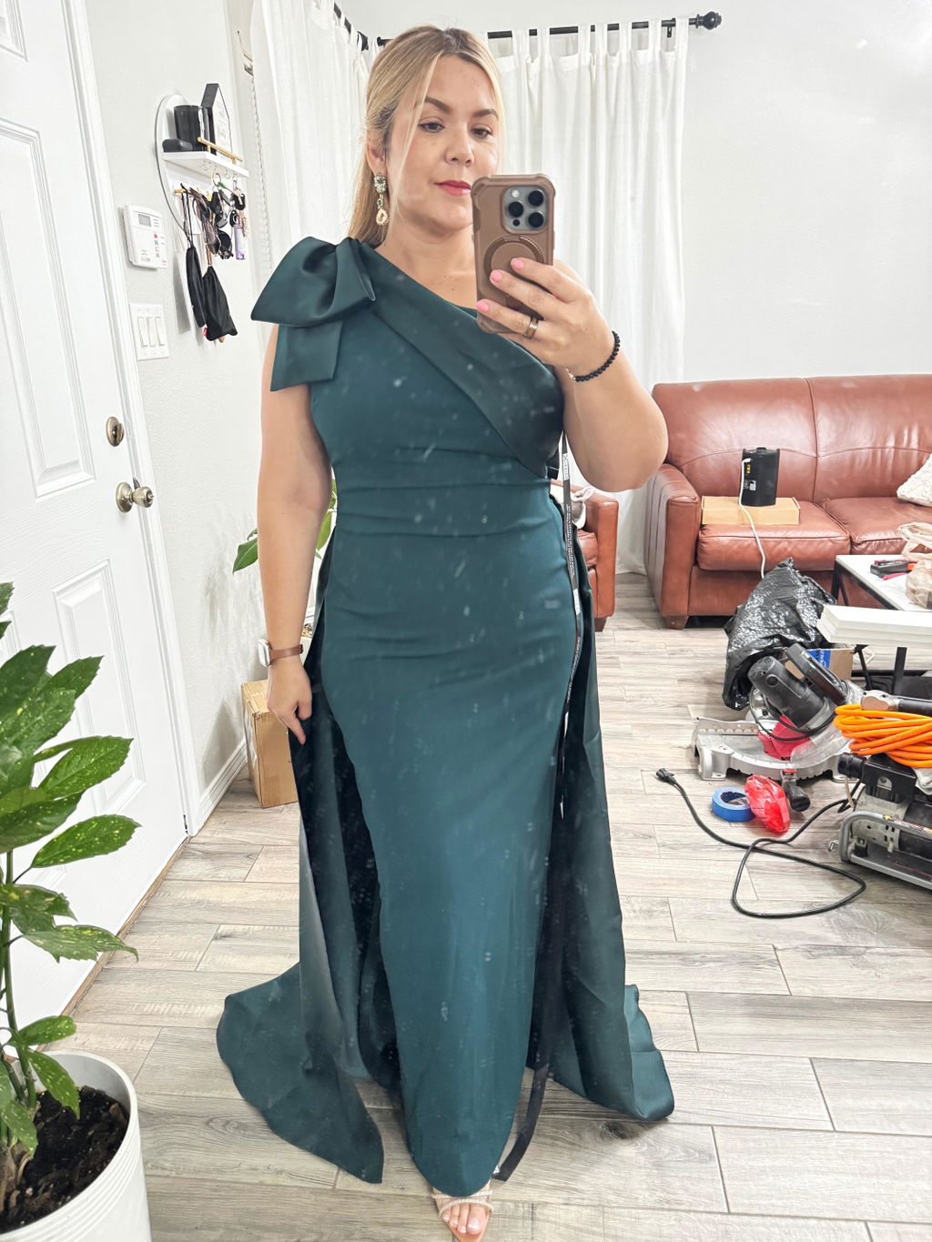 "Rosalie" Scuba Crepe One Shoulder Bow Embellished Gown