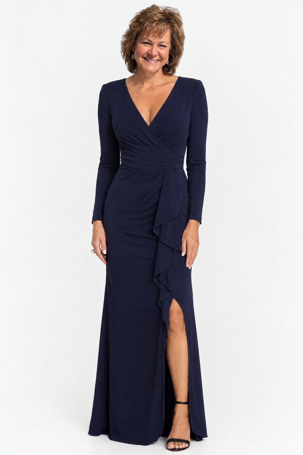 "Elle" Jersey Knit Long Sleeve V-Neck Dress