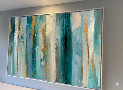 “Teal - Blue Stripes & Gold Flecks” - Abstract Textured - Painting On Canvas PT1715