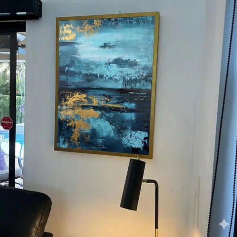 “Teal - Gold Abstract Landscape” - Teal, Gold, Blue Abstract Painting On Canvas PS0446