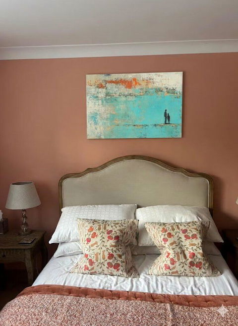“Father - Child Silhouette in Turquoise - Orange” - Turquoise, Orange, Black with Silhouettes - Painting On Canvas HB1396