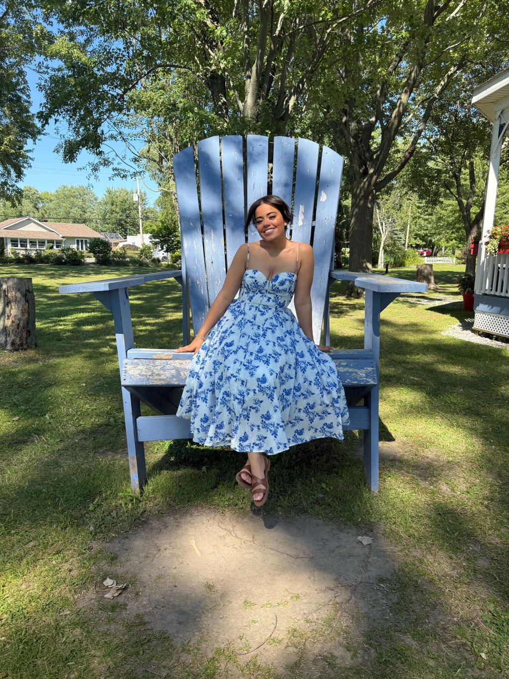 Elasie | White Corset Midi Dress with Blue Floral Pattern
