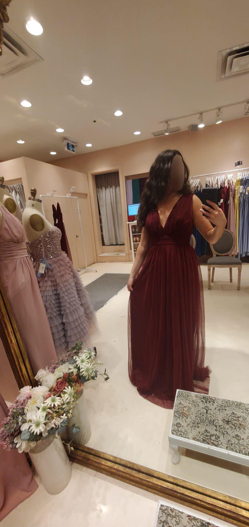 Samina Burgundy | Tulle Maxi Dress with Plunging Neckline