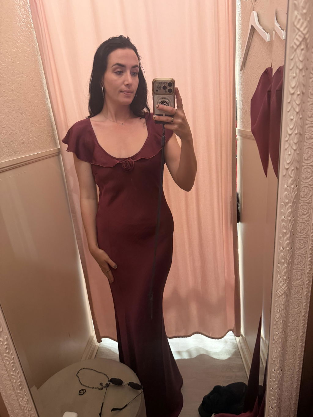 Rhiar Burgundy | Satin Maxi Dress with Butterfly Sleeves and Flower Detail
