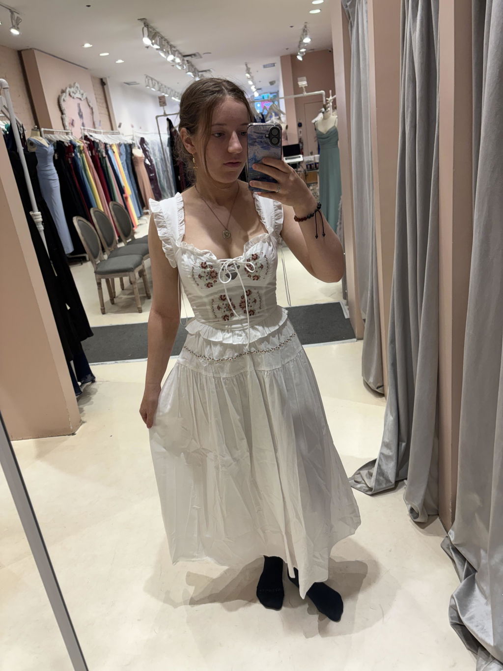 Aspyn | White Floral Embroidered Midi Dress with Smocked Back