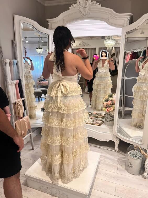 Demera | Ivory Tiered Embroidered Tulle Maxi Dress