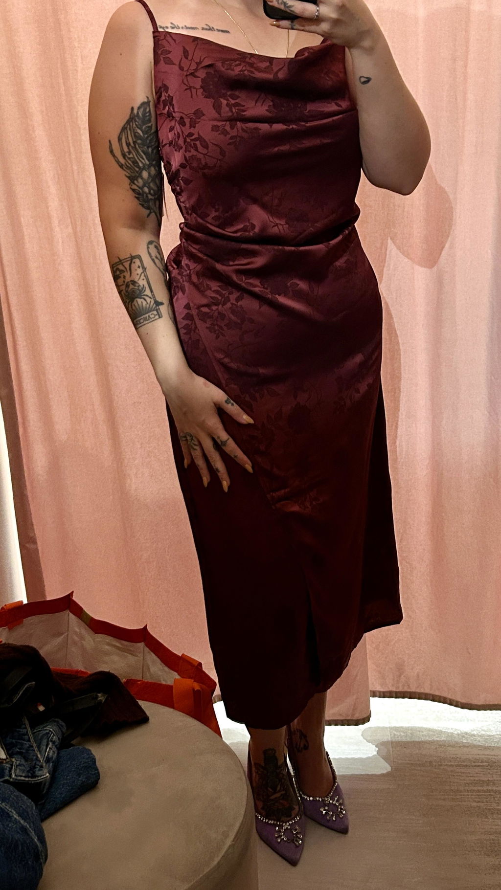 Fyra Burgundy | Cowl Neck Satin Jacquard Midi Dress